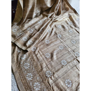 Women Pure Tussar Silk Embroidery Saree Party Festive Wedding Handloom